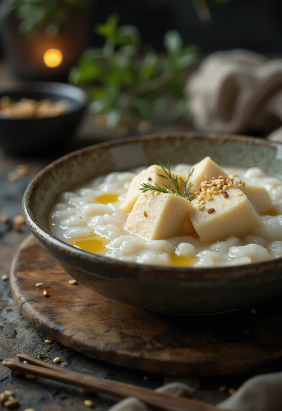 Congee με Tofu, κινέζικος χυλός ρυζιού με tofu, σκόρδο και τζίντζερ
