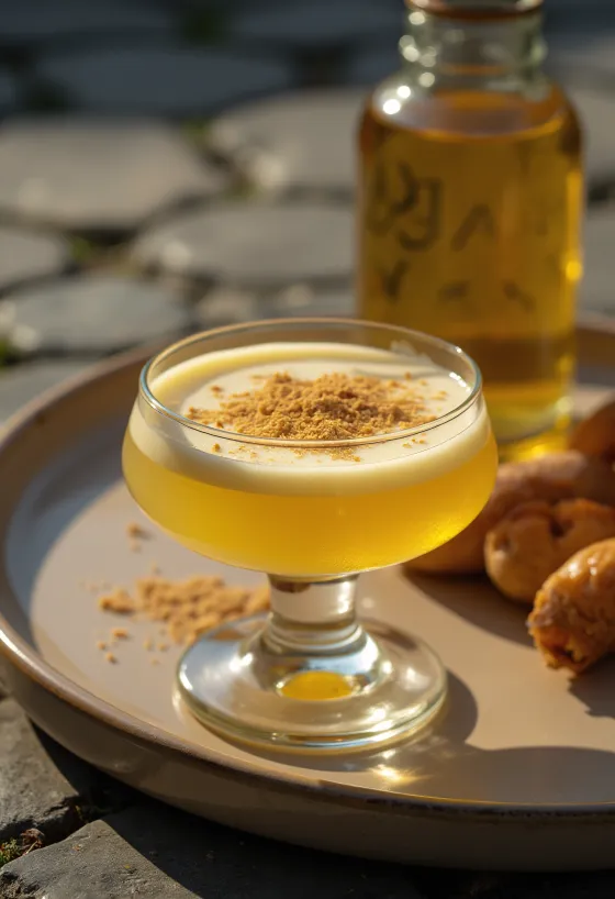 Σπιτικό λικέρ αυγού σε μπουκάλι, με τριμμένο μοσχοκάρυδο στην κορυφή.