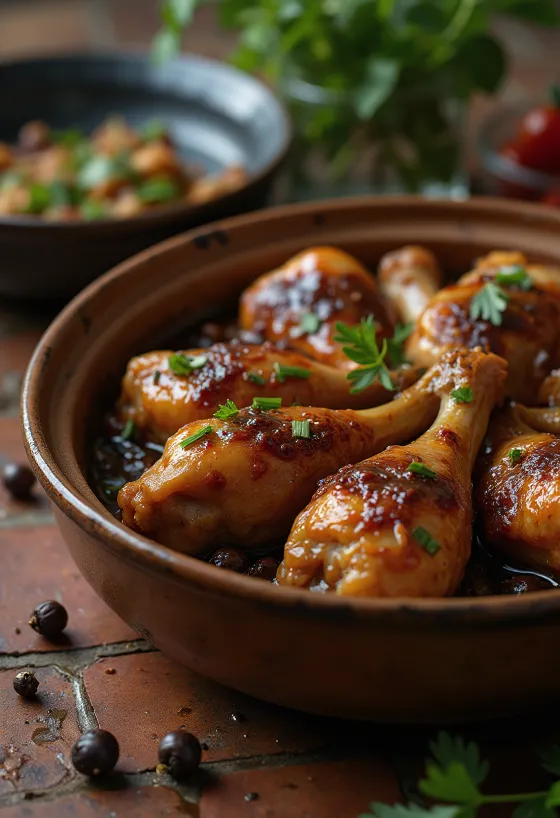 Adobo με κρέας, σερβιρισμένο σε σάλτσα σόγιας και λευκού κρασιού, διακοσμημένο με φρέσκα μυρωδικά