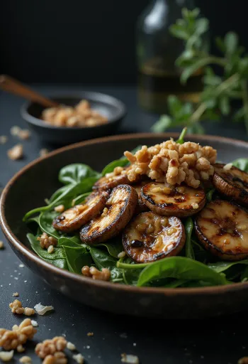 Ψητή σαλάτα μανιταριών με σπανάκι BBQ σερβιρισμένη