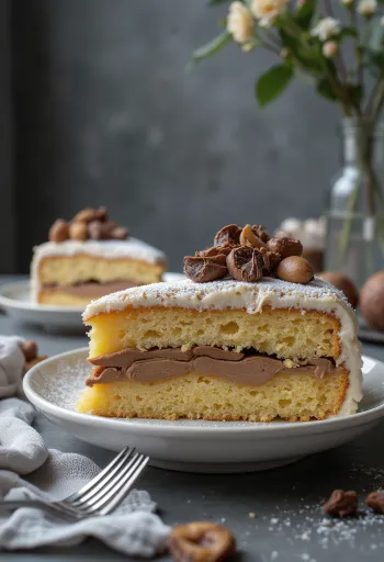 Τούρτα κάστανο κομμένη σε κομμάτια, διακοσμημένη με σοκολάτα