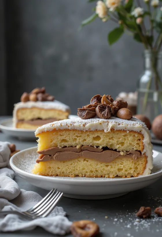 Τούρτα κάστανο κομμένη σε κομμάτια, διακοσμημένη με σοκολάτα