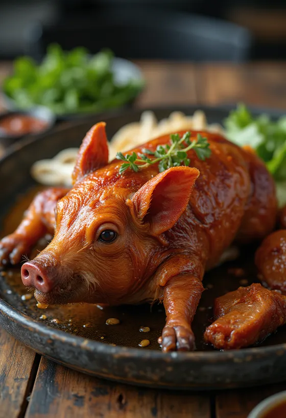 Lechon, ψητό γουρουνόπουλο με τραγανό δέρμα σερβιρισμένο