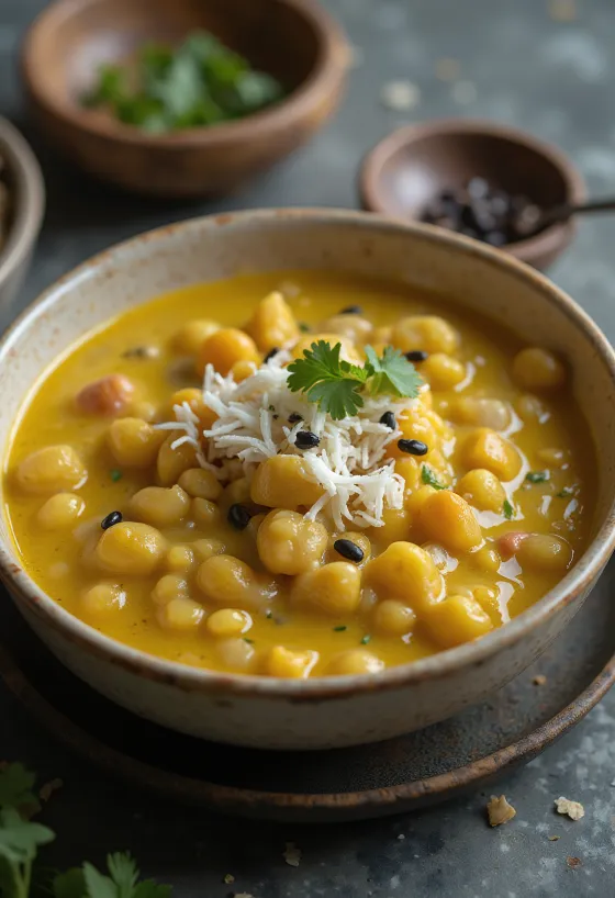 Μορ Κούτου, πλούσιο ραγού φακής και λαχανικών με τριμμένη καρύδα και φρέσκο κόλιανδρο