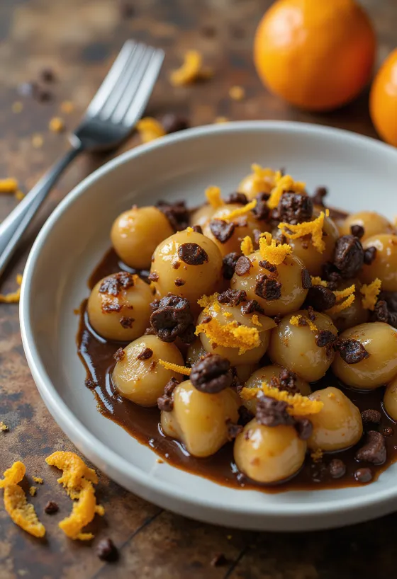 Νιόκι με πορτοκάλι και μαύρη σοκολάτα σερβιρισμένα