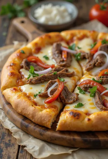 Pizza Philly Cheesesteak με φέτες μπριζόλας και πιπεριά