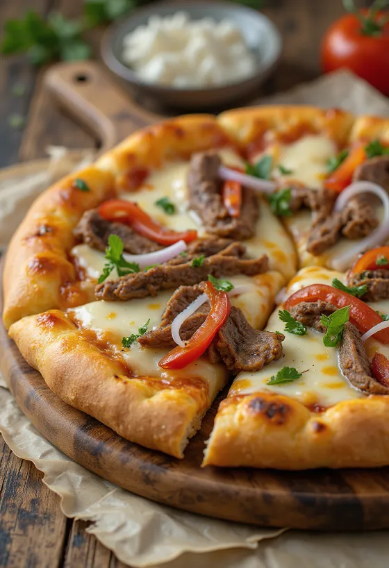 Pizza Philly Cheesesteak με φέτες μπριζόλας και πιπεριά