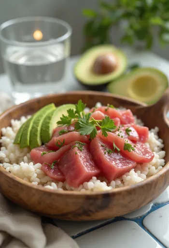 Πόκε με τόνο, φρέσκα λαχανικά και ρύζι, γαρνιρισμένο με κόλιανδρο και χυμό λάιμ.