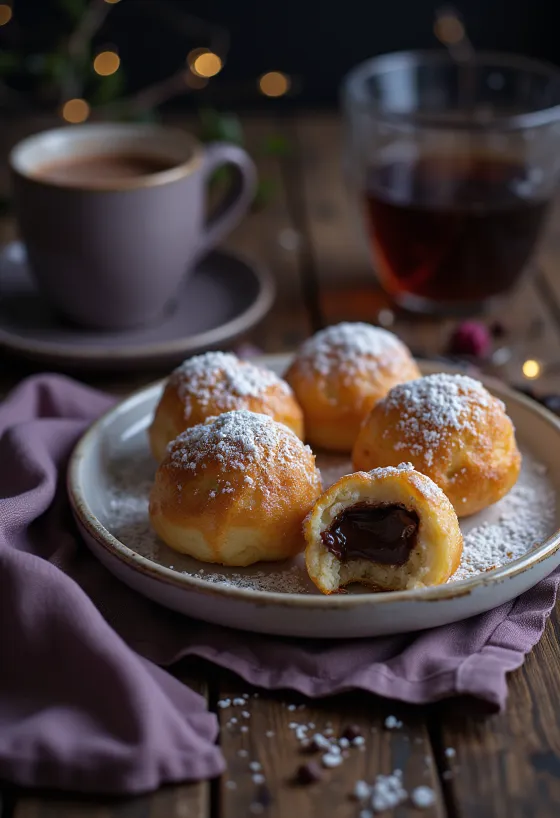 Φρεσκοψημένο æbleskiver σερβιρισμένο με κρέμα σοκολάτας και ζάχαρη άχνη