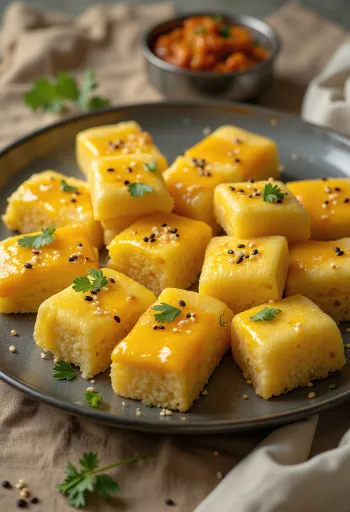Dhokla τυριού σερβιρισμένο ως χρυσοκαφέ κομμάτια τυριού, με φρέσκα μπαχαρικά