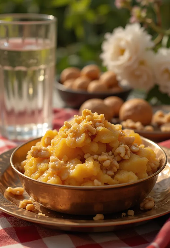 Aate ka Halwa με πλούσιες μπαχαρικές γεύσεις, καβουρδισμένα καρύδια και ροδόνερο.