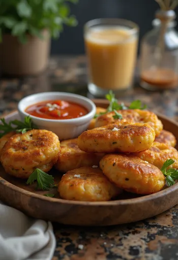 Κεφτέδες Akara σερβιρισμένοι με σάλτσα ντομάτας, γαρνιρισμένοι με φρέσκο κόλιανδρο