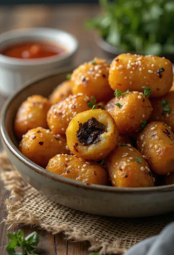 Black pudding tater tots, χρυσοκάστανα τραγανά tater tots με black pudding, με φρέσκο σουσάμι