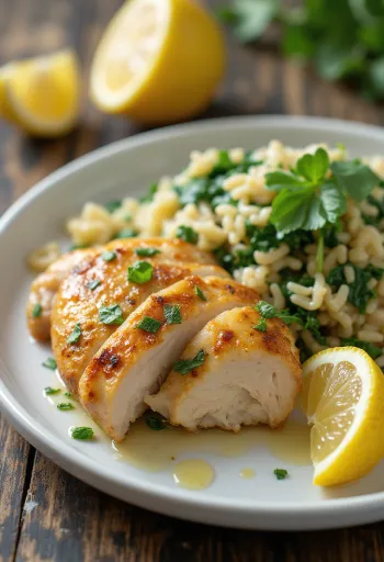 Ψητό στήθος κοτόπουλου σερβιρισμένο με σπανακόρυζο, διακοσμημένο με φρέσκο λεμόνι