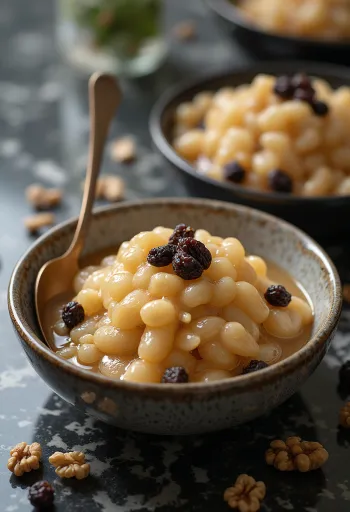 Ασουρέ με σταφίδες σερβιρισμένο, πλούσιο επιδόρπιο σιμιγδαλιού με σταφίδες και καρύδια