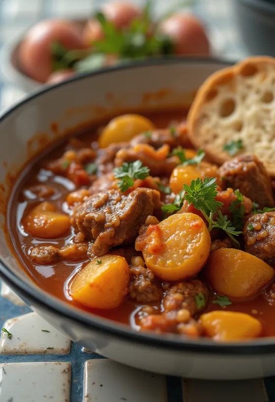 Beef goulash σερβιρισμένο σε ρουστίκ μπολ