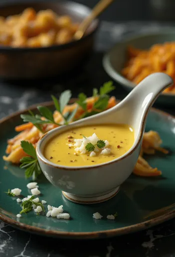 Κρεμώδης σάλτσα κρεμμυδιού με κάρυ σερβιρισμένη