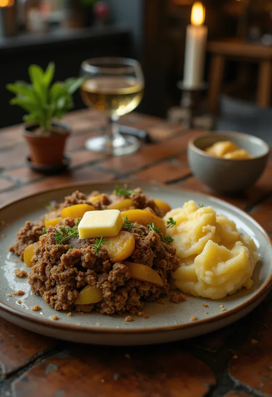 Haggis με neeps και tatties σερβιρισμένο, διακοσμημένο με πλούσιο πουρέ και φρέσκα μυρωδικά