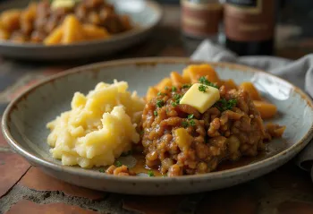 Haggis με neeps και tatties σερβιρισμένο, διακοσμημένο με πλούσιο πουρέ και φρέσκα μυρωδικά