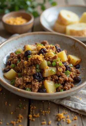 Picadillo με σταφίδες και πλούσιο πιάτο κρέατος με λαχανικά