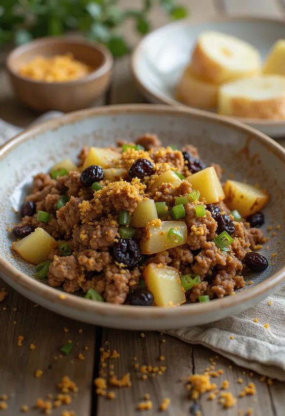 Picadillo με σταφίδες και πλούσιο πιάτο κρέατος με λαχανικά