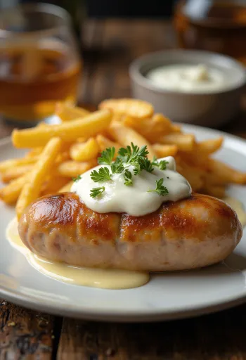 Λουκάνικο Alheira σερβιρισμένο με σάλτσα σκόρδου, γαρνιρισμένο με φρέσκο μαϊντανό