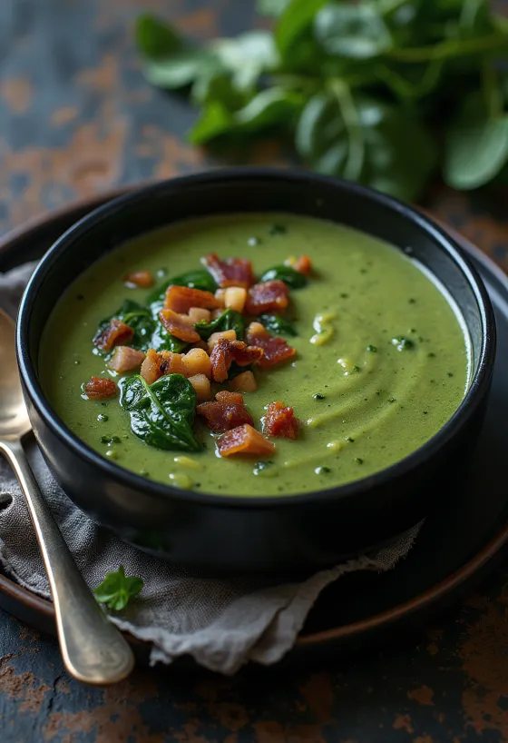 Κρεμώδης σούπα σπανακιού με μπέικον σερβιρισμένη