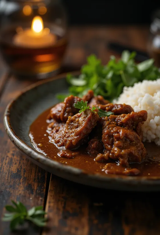 Beef Rendang σερβιρισμένο με ρύζι και φρέσκο κόλιανδρο