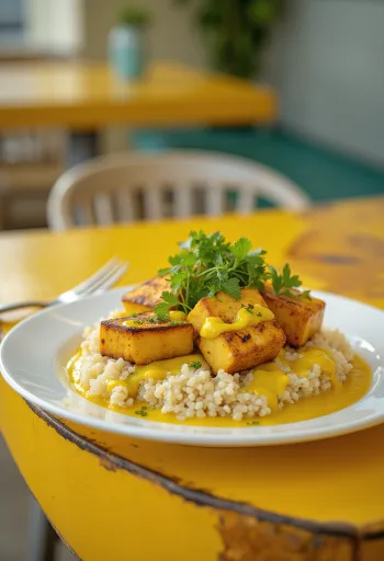 Ψητό τόφου με κινόα και ταχίνι κάρυ σερβιρισμένο