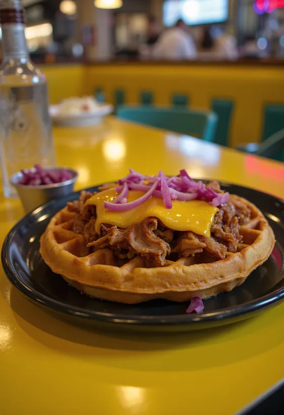 Βάφλα Pulled pork με σάλτσα BBQ και κόκκινο κρεμμύδι