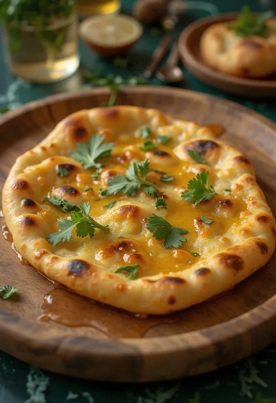 Roghni naan με μέλι, σερβιρισμένο με φρέσκο κόλιανδρο
