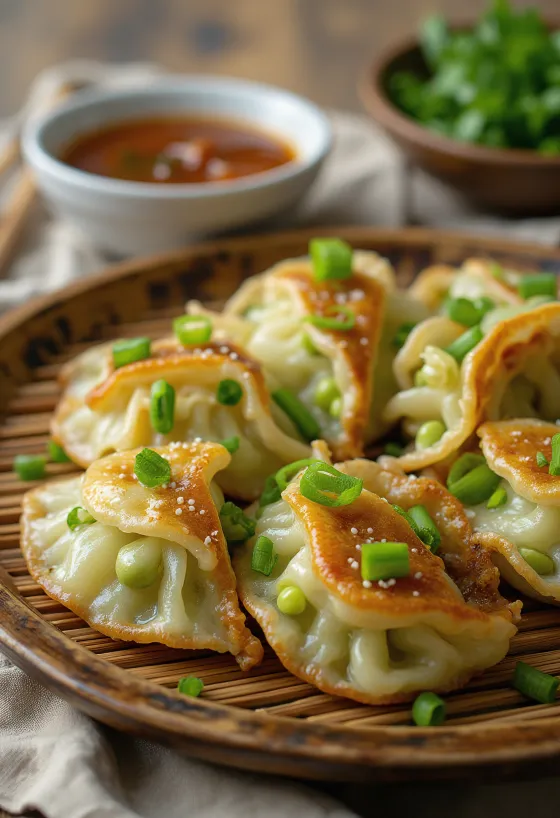 Edamame gyoza κομμάτια με χρυσή βάση σερβιρισμένα με ντιπ σάλτσας σόγιας
