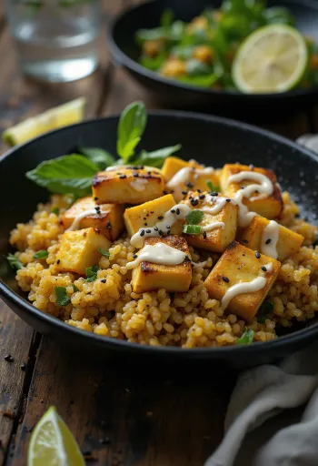 Wok με ψητό τοφού, κινόα και ταχίνι με κάρυ σερβιρισμένο