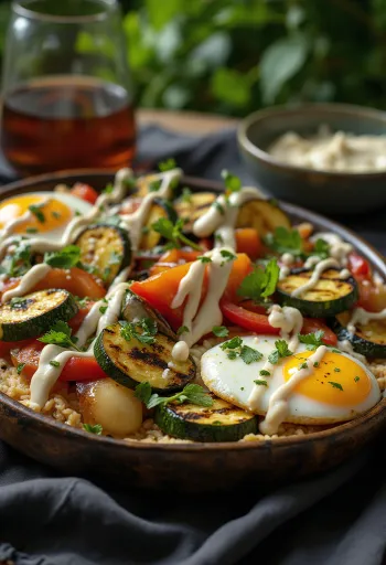 Ψητά λαχανικά με σάλτσα ταχίνι, γαρνιρισμένα με μαϊντανό