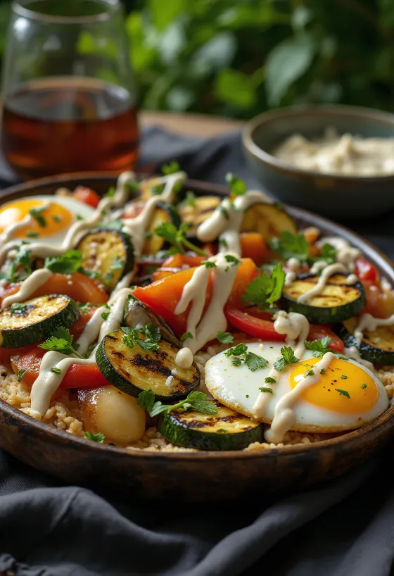 Ψητά λαχανικά με σάλτσα ταχίνι, γαρνιρισμένα με μαϊντανό