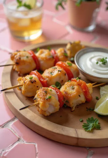 Pintxo με κοτόπουλο και γιαούρτι σερβιρισμένο σε πιάτο με φρέσκο κόλιανδρο