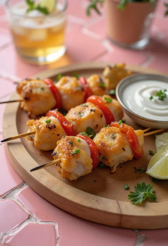 Pintxo με κοτόπουλο και γιαούρτι σερβιρισμένο σε πιάτο με φρέσκο κόλιανδρο