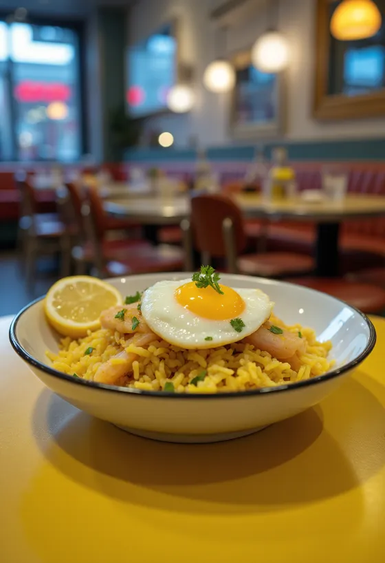 Kedgeree με καπνιστό μπακαλιάρο σερβιρισμένο σε μπολ με αυγά και μαϊντανό.