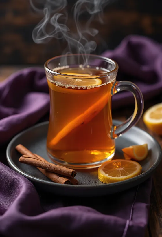 Ποτό Hot Toddy σε γυάλινη κούπα με ξυλάκι κανέλας και φέτα λεμονιού