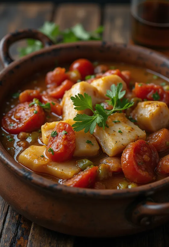 Caldeirada de peixe com chouriço, σερβιρισμένο με συνδυασμό ψαριού και λουκάνικου