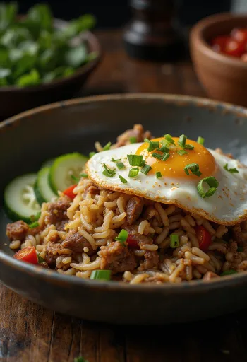 Nasi Goreng με μοσχάρι και αυγό μάτι σερβιρισμένο