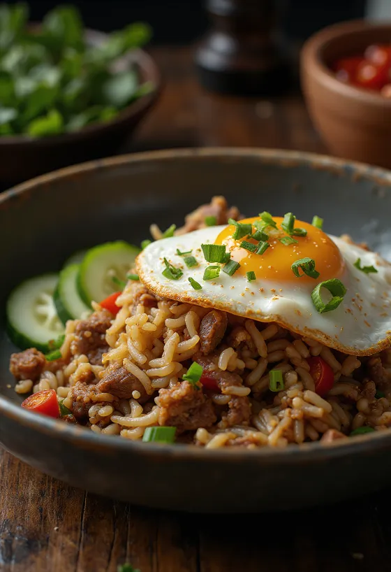 Nasi Goreng με μοσχάρι και αυγό μάτι σερβιρισμένο