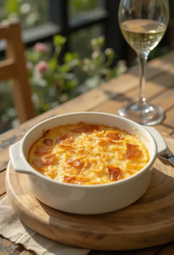 Φρέσκο, χρυσοκάστανο Clafoutis με ινδική καρύδα, σερβιρισμένο