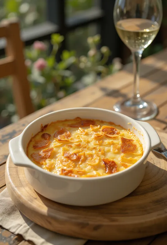 Φρέσκο, χρυσοκάστανο Clafoutis με ινδική καρύδα, σερβιρισμένο