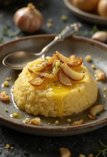 Fungee με σκόρδο, σερβιρισμένο με φέτες ψητού σκόρδου και πασπαλισμένο με μαϊντανό