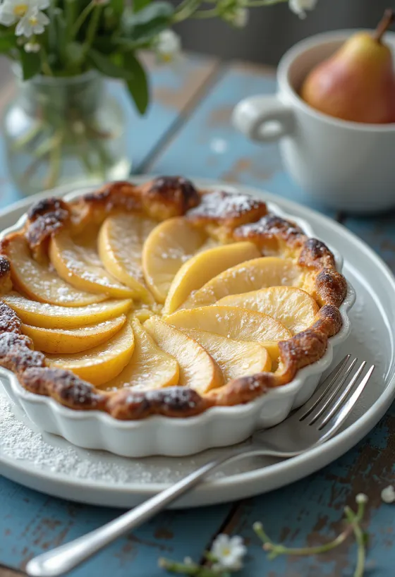Φρέσκο, χρυσοκάστανο Clafoutis με φέτες αχλαδιού, σερβιρισμένο