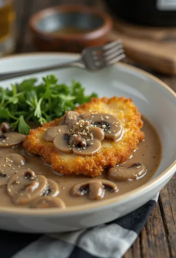 Jägerschnitzel σερβιρισμένο με σάλτσα μανιταριών και μαϊντανό