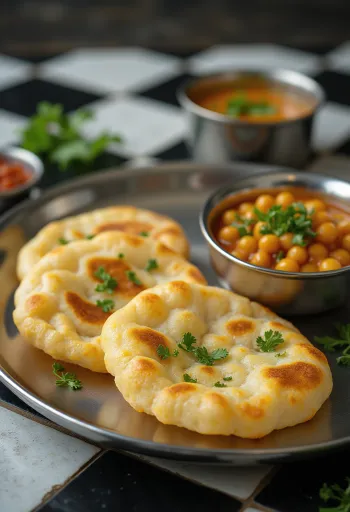 Luchi με κάρυ ρεβιθιών σερβιρισμένο με φρέσκο κόλιανδρο και αφράτο ψωμί