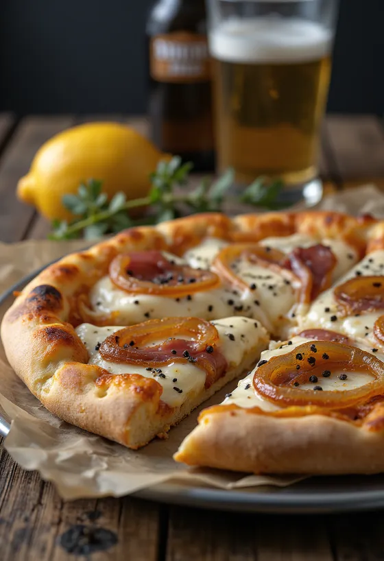 Pizza Alsacienne με γιαούρτι στραγγιστό, κρεμμύδι και μπέικον