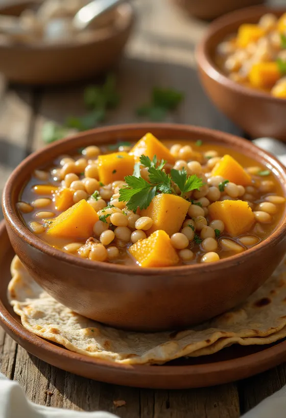 Pozole con calabaza σερβιρισμένο με λάιμ, κόλιανδρο και φρέσκο κρεμμυδάκι